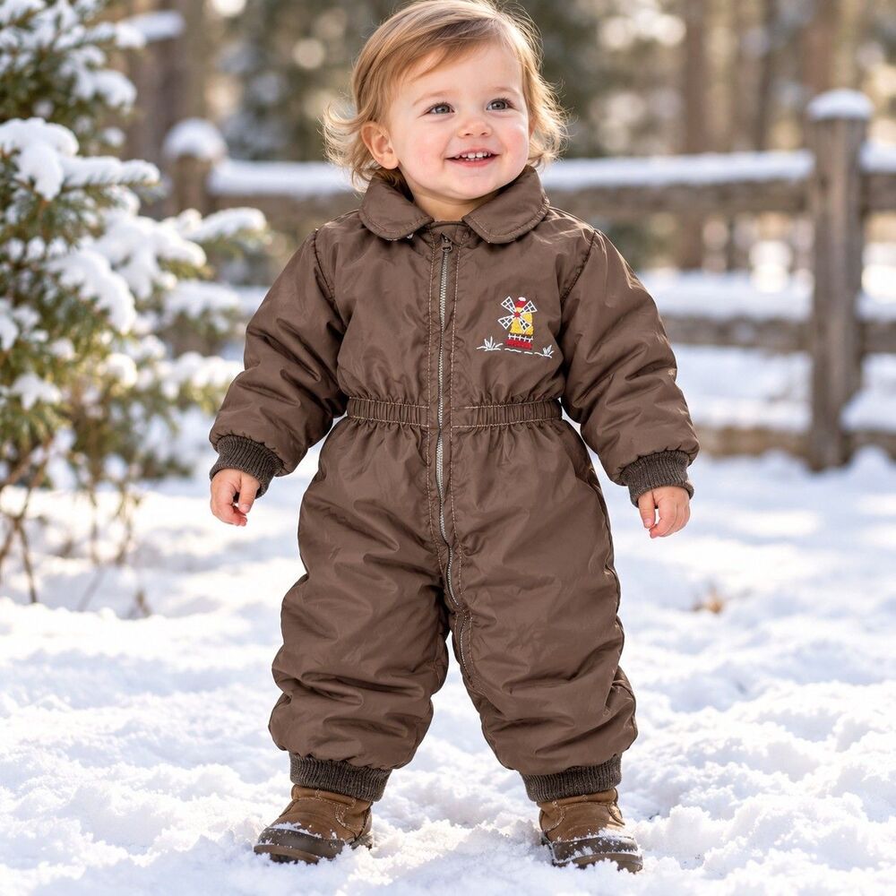 Vintage Baby Snowsuit Brown Windmill Embroidered One Piece Snow Suit Mid Century